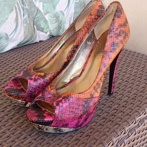 Guess Leather Pink and Orange Python Peep-Toe Heels